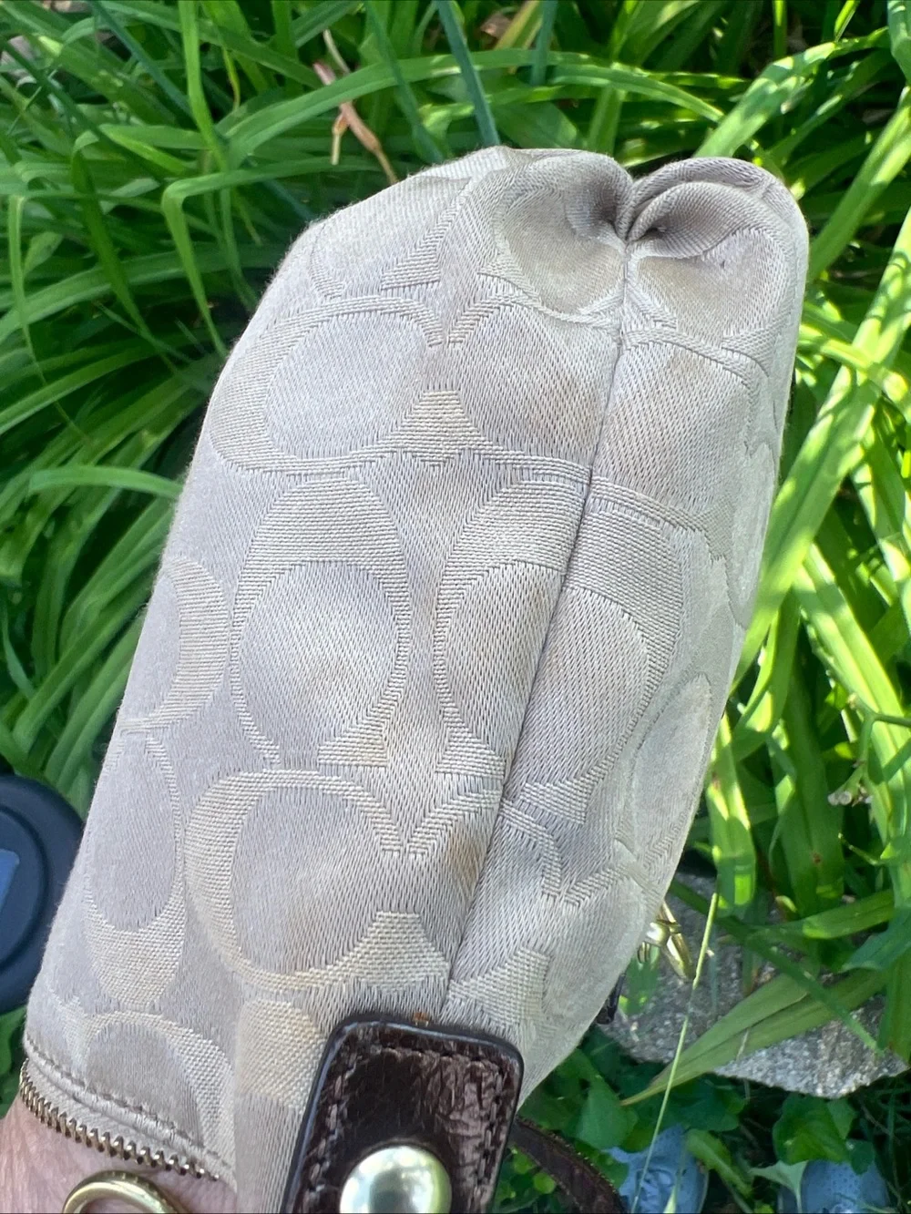Coach Beige and Brown Signature Mini Shoulder Bag with Gold Hardware